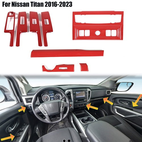 Red ABS Dashboard Center Console Trim Cover Set for Nissan Titan 2016-23 1