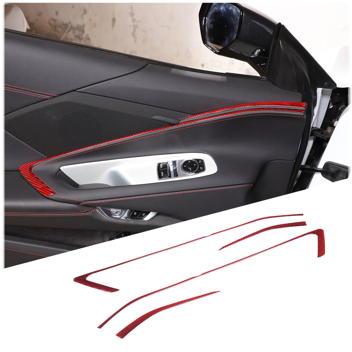 Red Soft Carbon Fiber Interior Decor Trim Kit Cover Set For Corvette C8 20-25 206