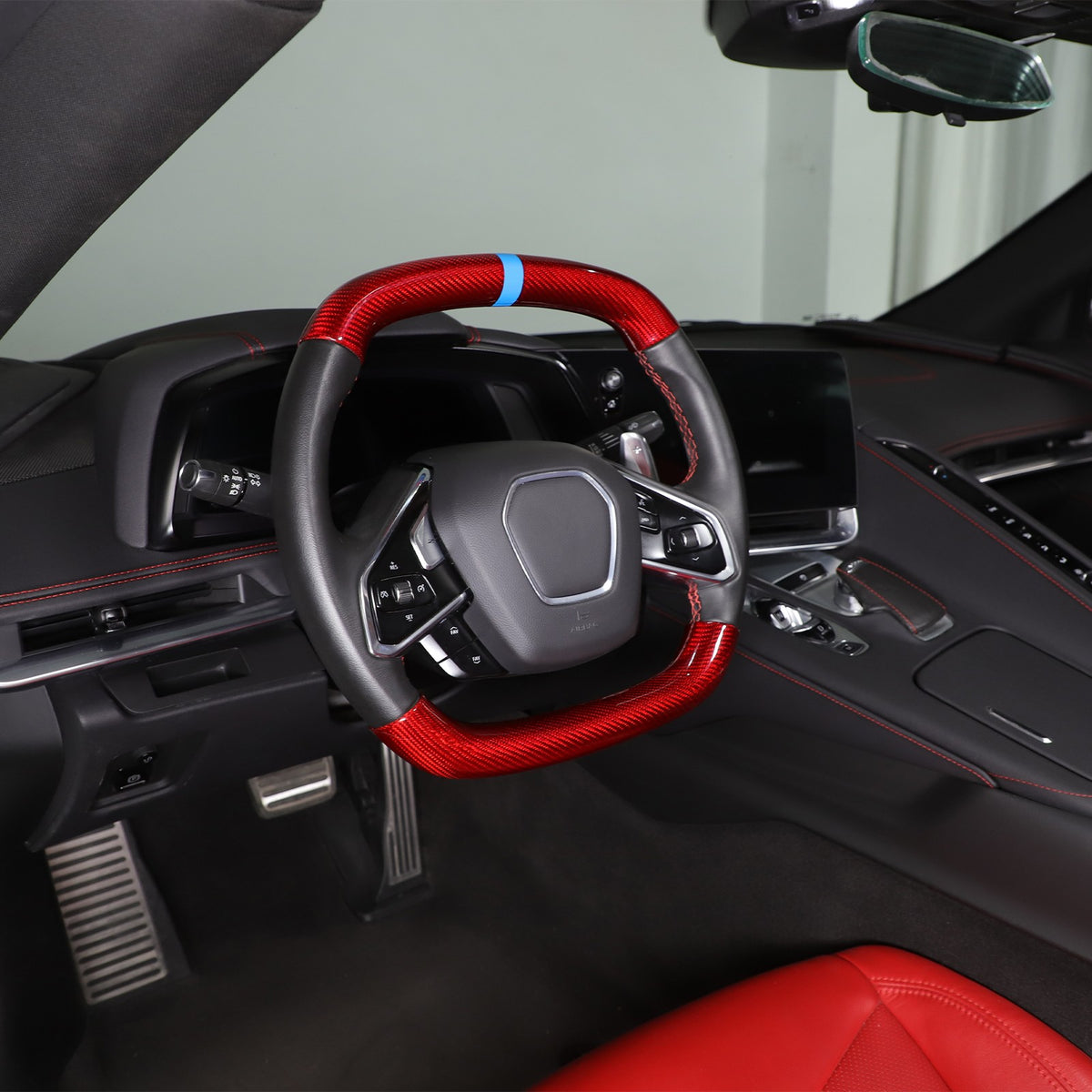 Red Real Carbon Fiber Blue Top Steering Wheel Cover Trim For Corvette C8 2020+ 13