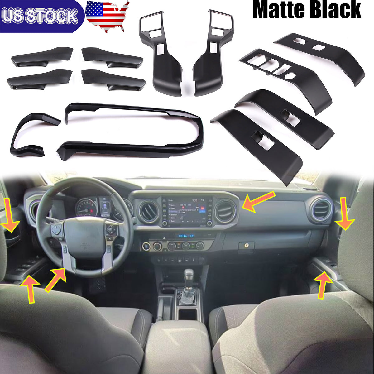 Matte Black Interior Dashboard Door Handle Trim Set For Toyota Tacoma 2016-23 1