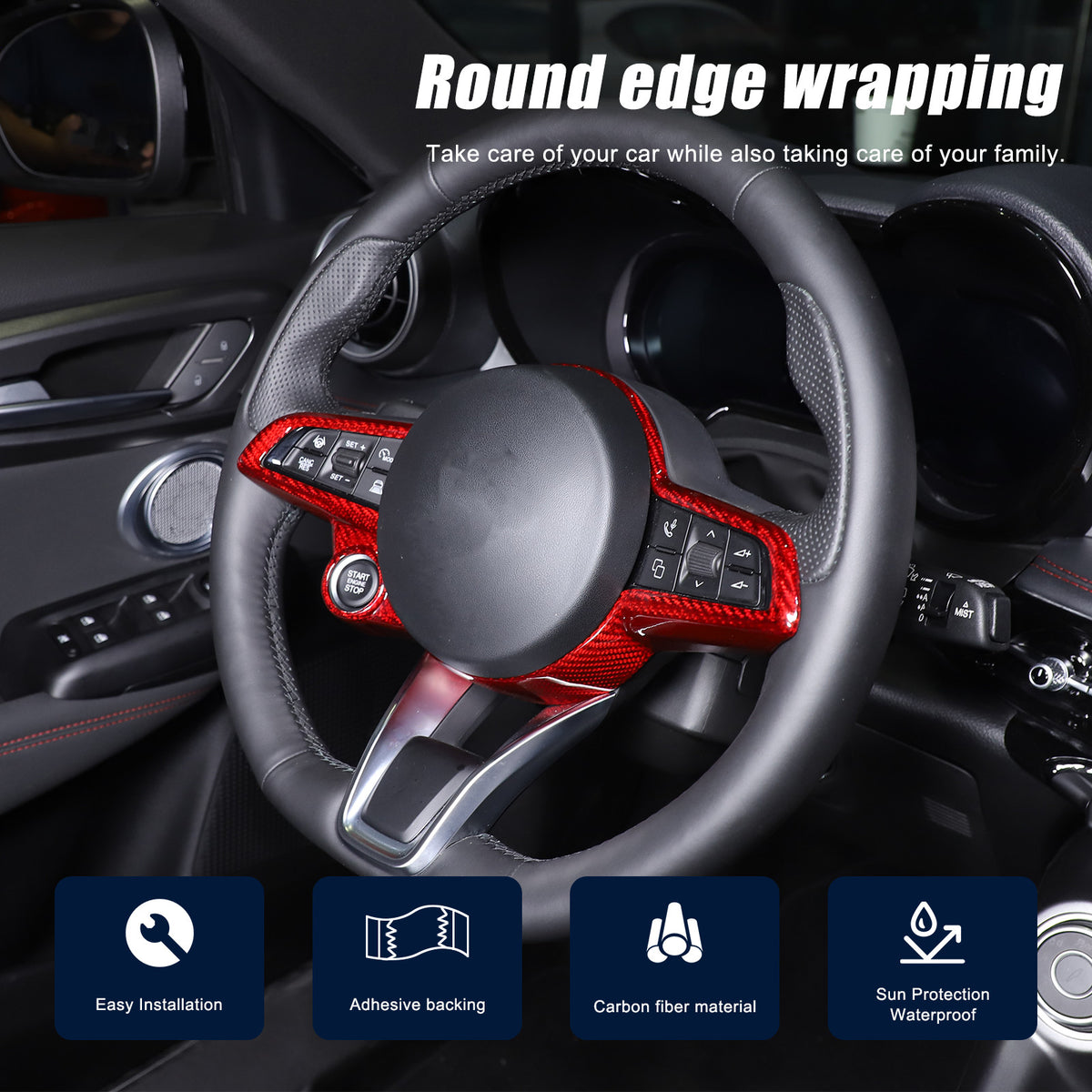 Red Real Carbon Fiber Steering Wheel Cover Trim For Alfa Romeo Tonale 2022-2024 24