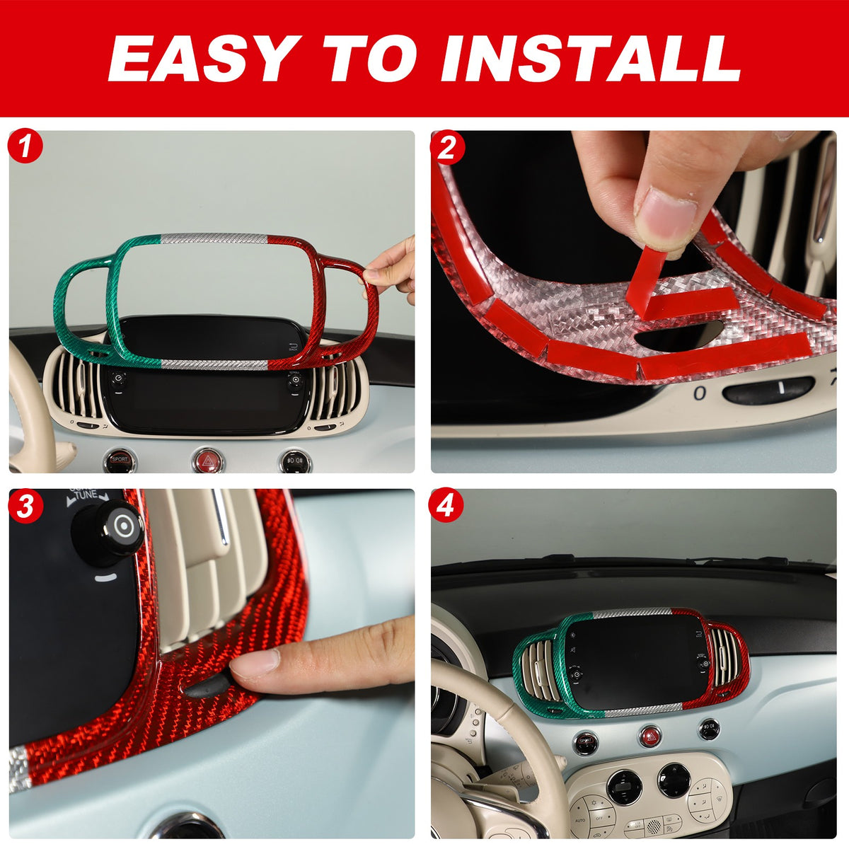 Tri-Color Real Carbon Fiber Dashboard Air Vent Trim For Fiat 500 312 2016+ 5
