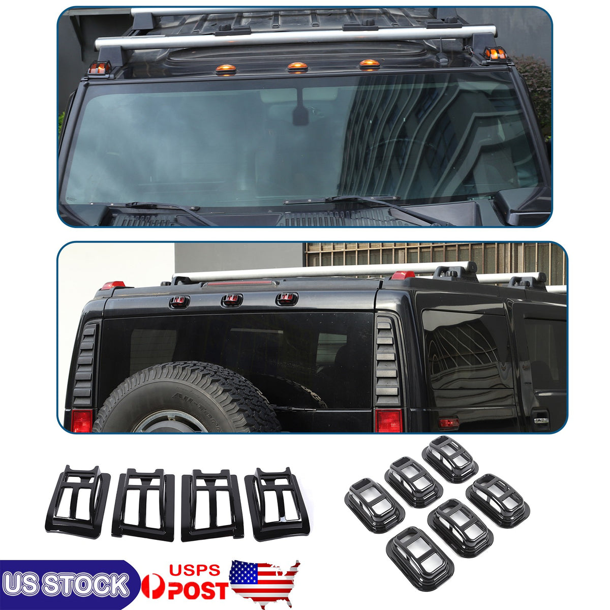 Piano Black Front & Rear Roof Light Guard Cover Trim Set For Hummer H2 03-09 US 1