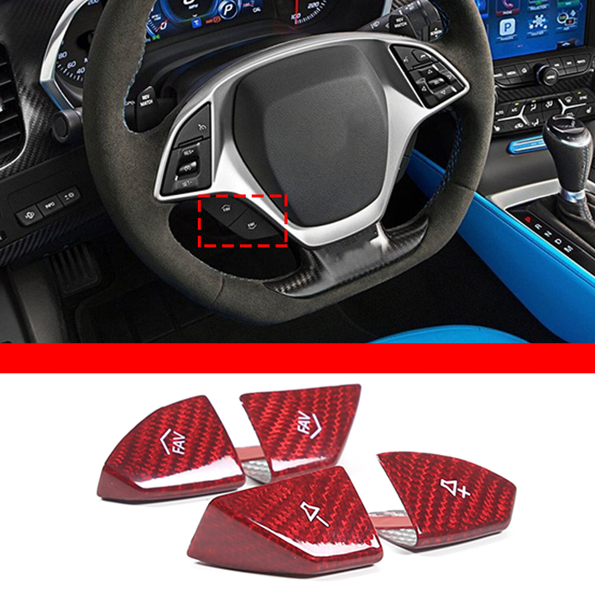 Red Real Carbon Fiber Steering Wheel Volume Button Cover Trim For Corvette C7 11