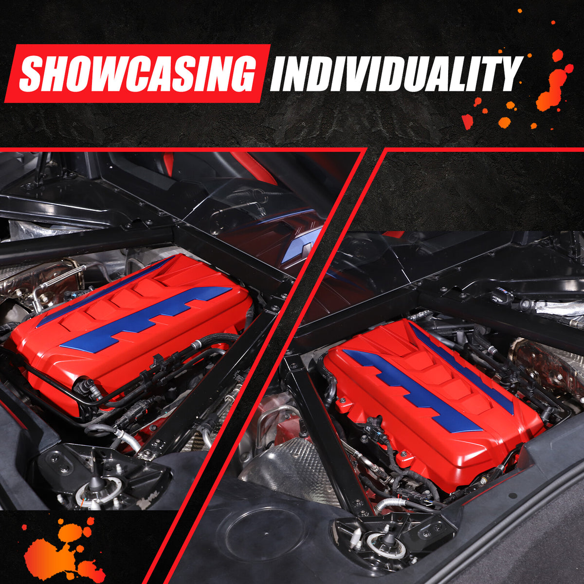 Red Engine Bay Panel Cover Trim in Edge Blue For Corvette C8 2020-26 16