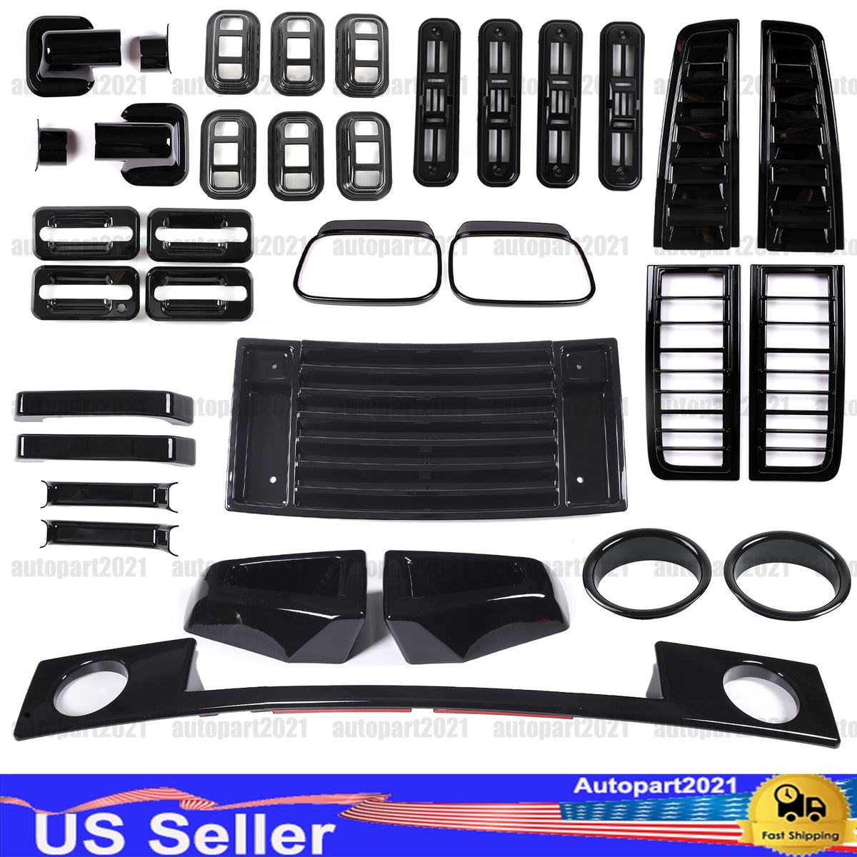 34pcs Glossy Piano Black Front Bumper Tail Light Trim Set For Hummer H2 2003-09 1