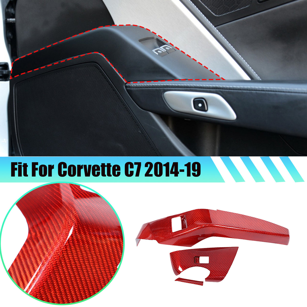 Red Carbon Fiber Window Lift Button Panel Cover Trim For Corvette C7 2014-2019 1
