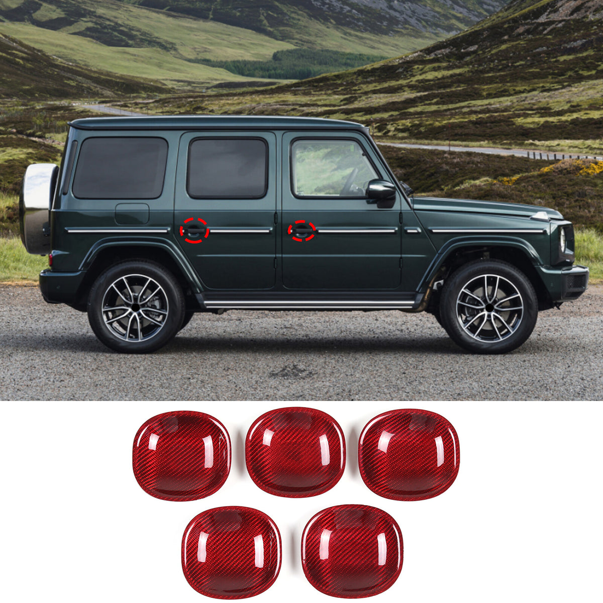 Red Real Carbon Fiber Exterior Side Door Bowl Cover Trim For Benz G-Class 19-20 10