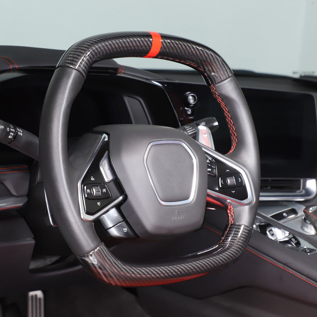 Red Top Real Carbon Fiber Steering Wheel Trim Cover For Corvette C8 2020+ 15