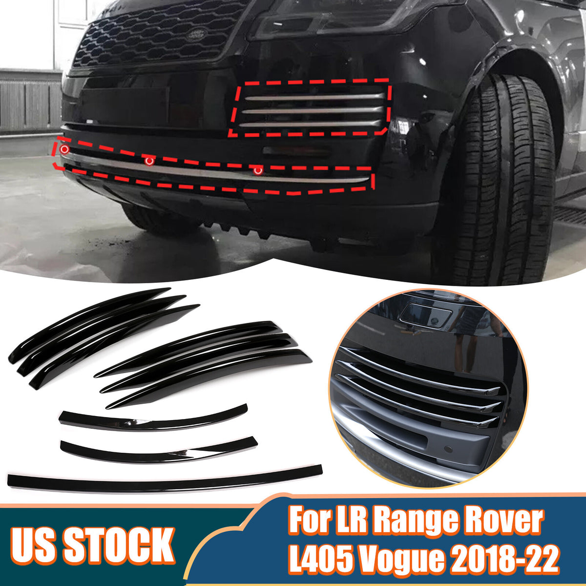 Gloss Black Front Grille Bumper Body Trim Kit For LR Range Rover Vogue HSE 18-22 1