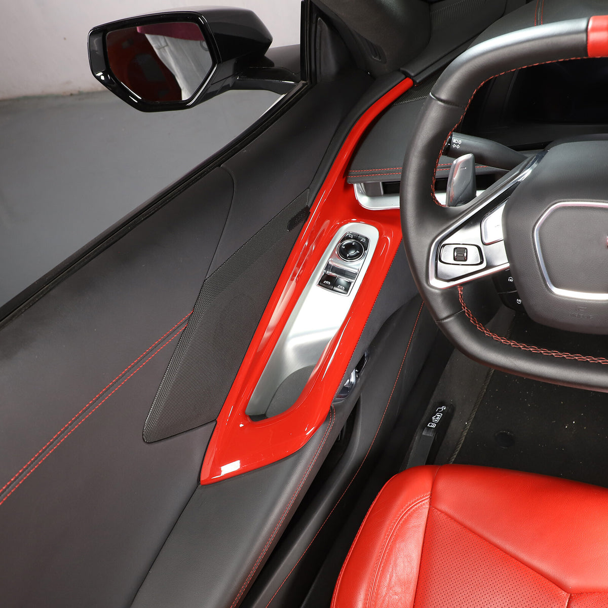 Red ABS Interior Door Window lift Panel Trim Cover Fits For Corvette C8 2020-26 8