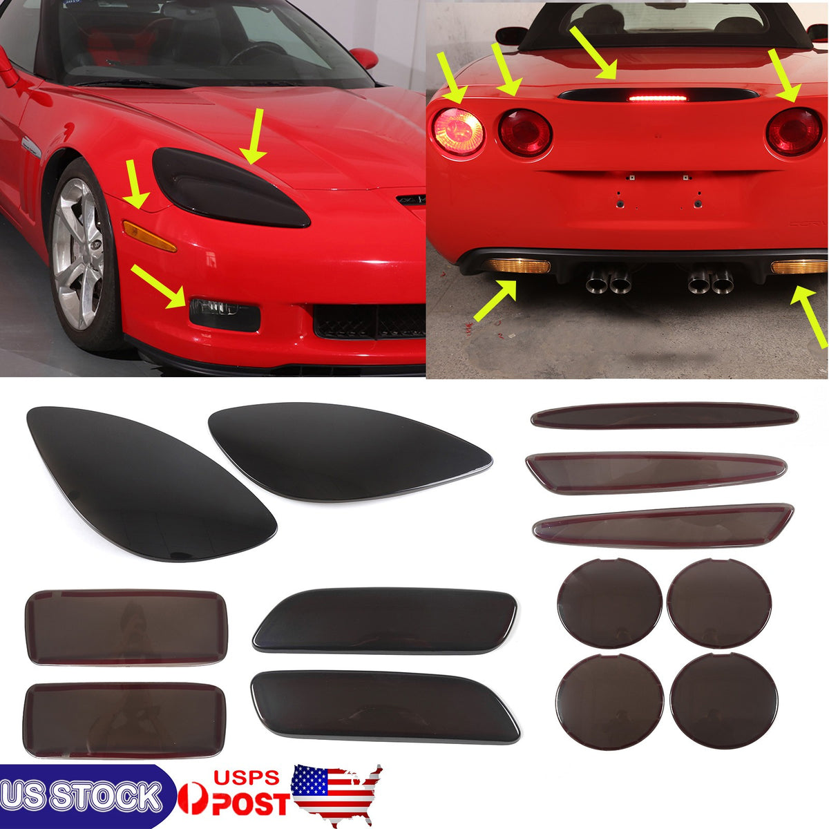 Smoked Black Front Headlight & Rear Tail Light Cover Trim For Corvette C6 05-13 1