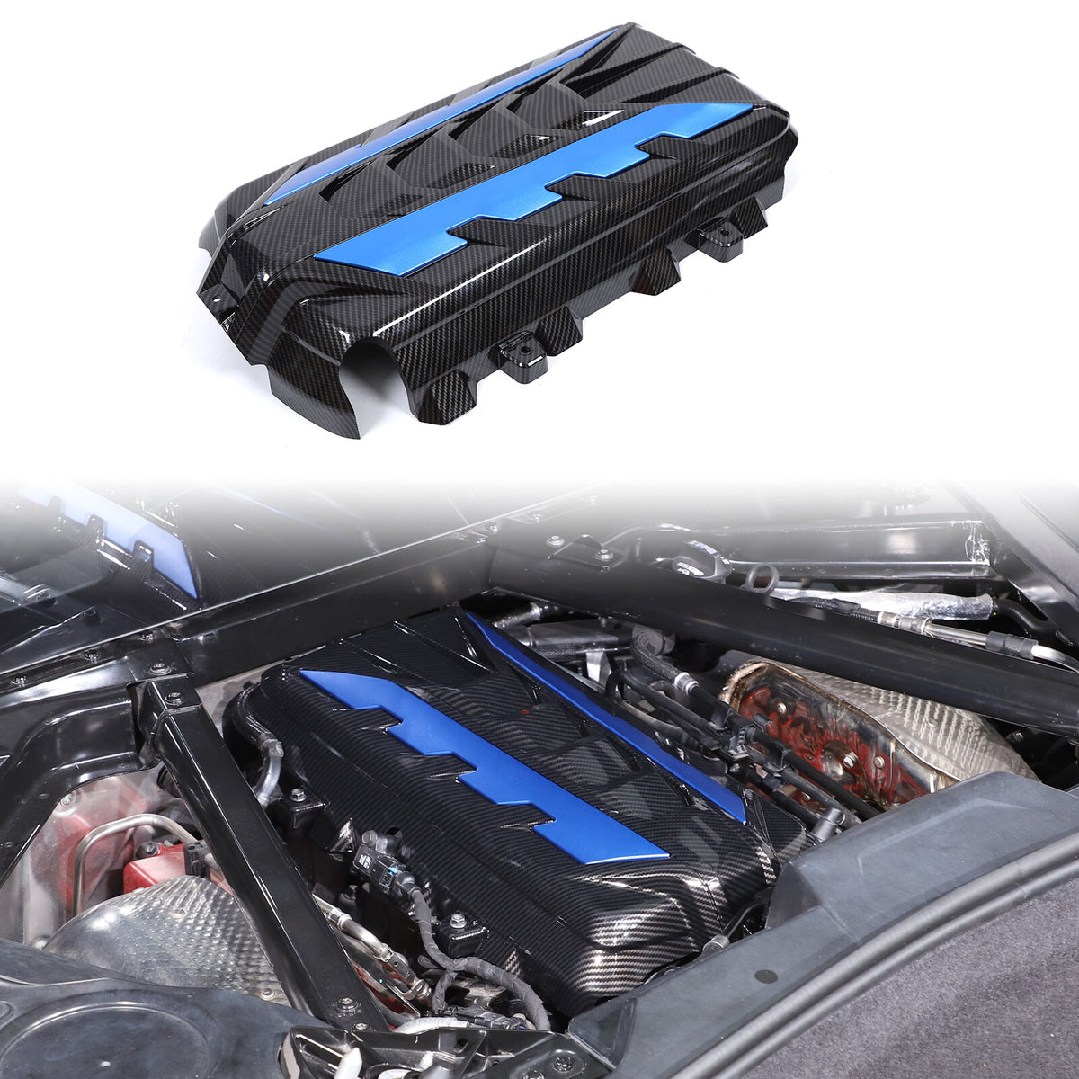 Carbon Fiber Engine Bay Panel Cover Trim in Edge Blue For Corvette C8 2020-26 US 3
