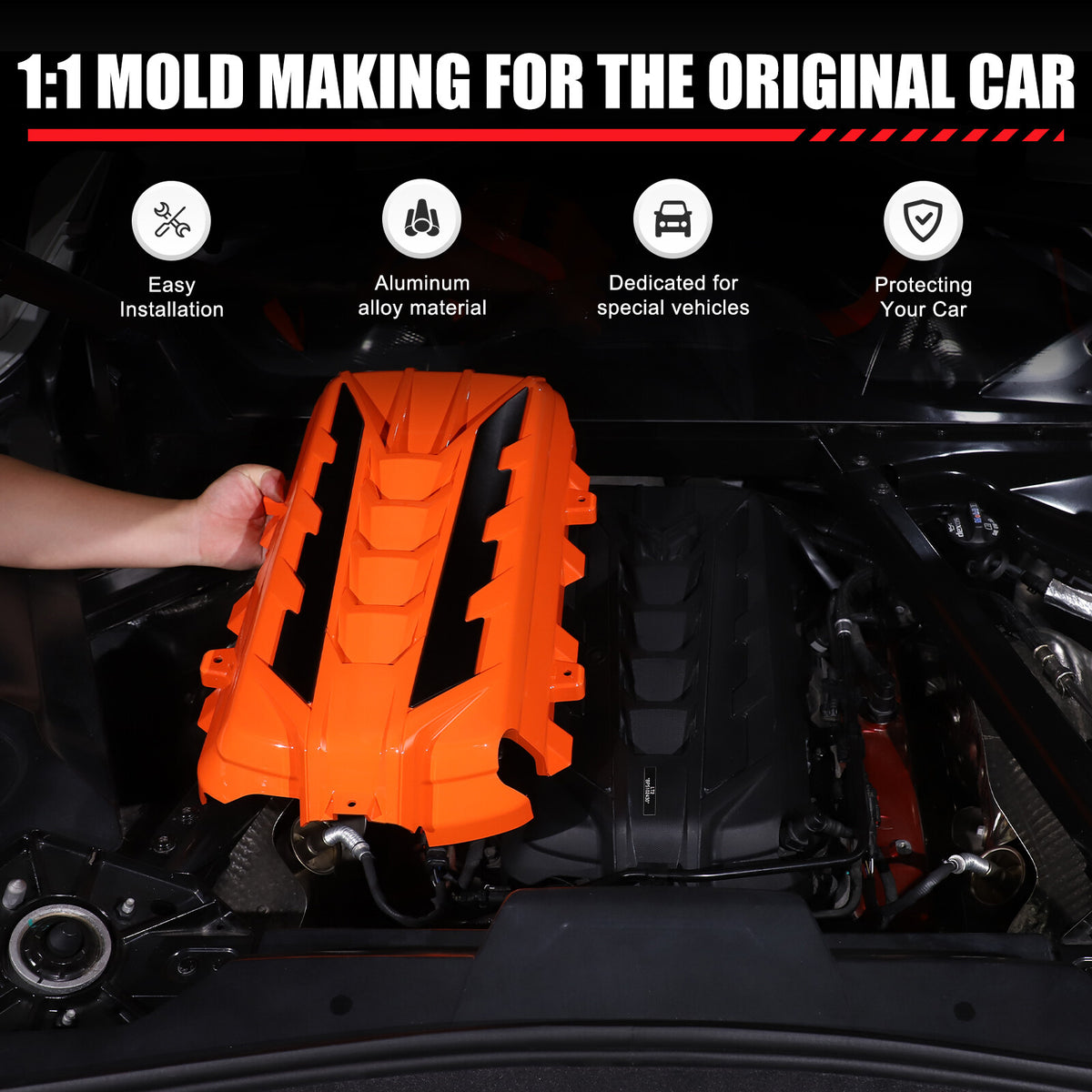 Orange Engine Bay Panel Cover Trim in Edge Black For Corvette Coupe C8 20-26 US 17