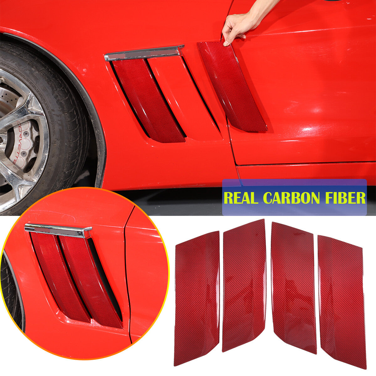 Red Real Carbon Fiber Side Fender Vents Panel Trim Kit For Corvette C6 2005-2013 1