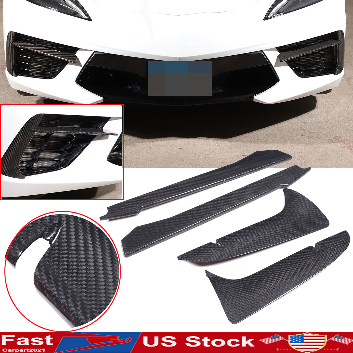 Real Dry Carbon fiber Front Bumper Fog Light Lamp Trims for Corvette C8 20-26 US 1