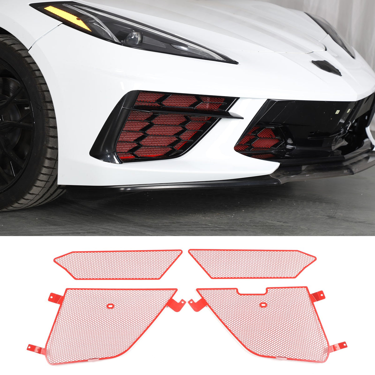 Red Steel Front Bumper Grille Mesh Screen Insect Guard For Corvette C8 2020 22