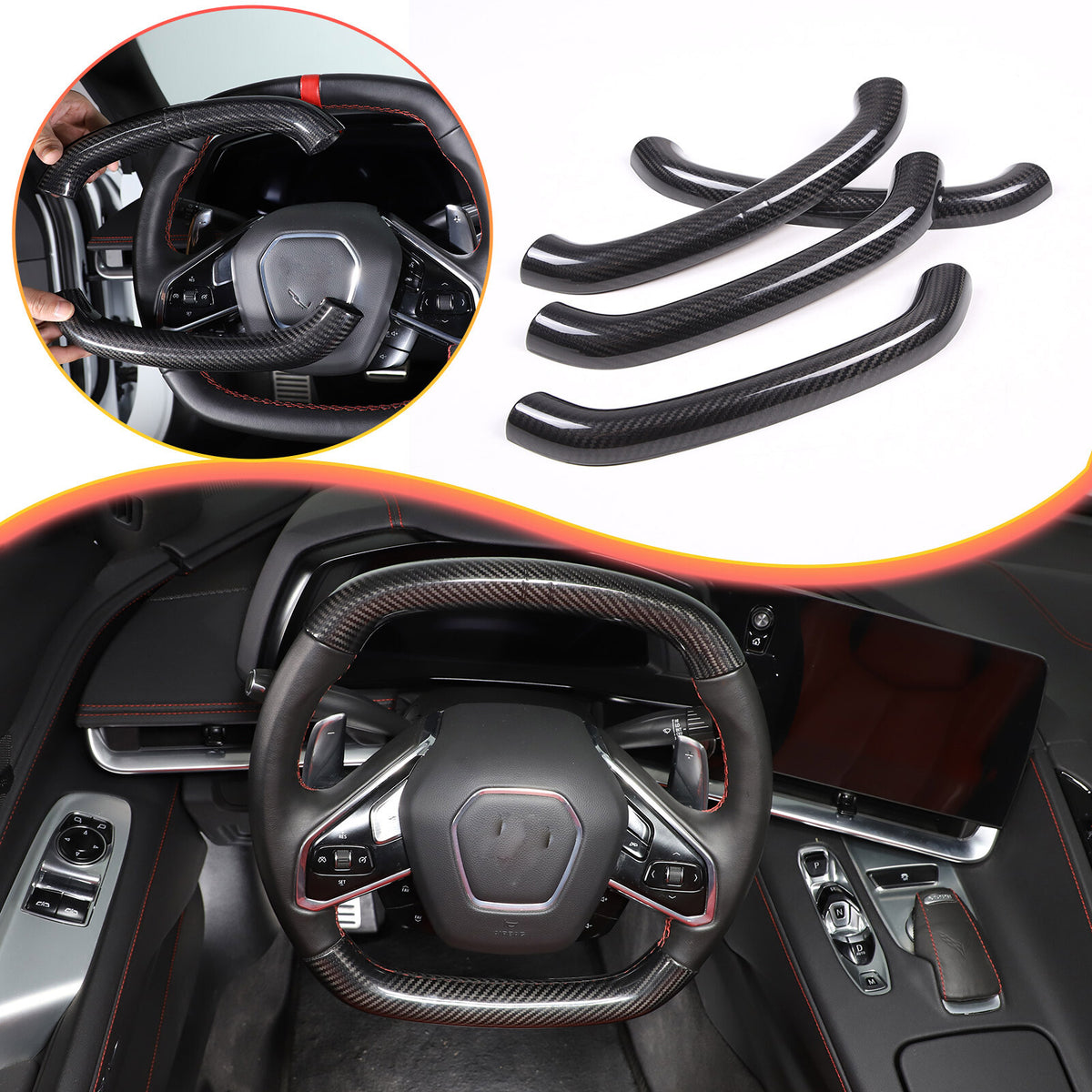 Real Carbon Fiber Steering Wheel Top Handle Cover Trim For C8 Corvette 2020-26 1