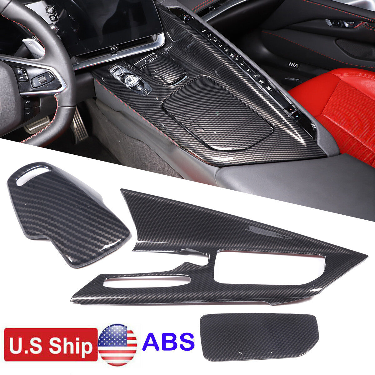 ABS Carbon Fiber Center Console Panel Trim Cover Set For CORVETTE C8 2020-2023 1