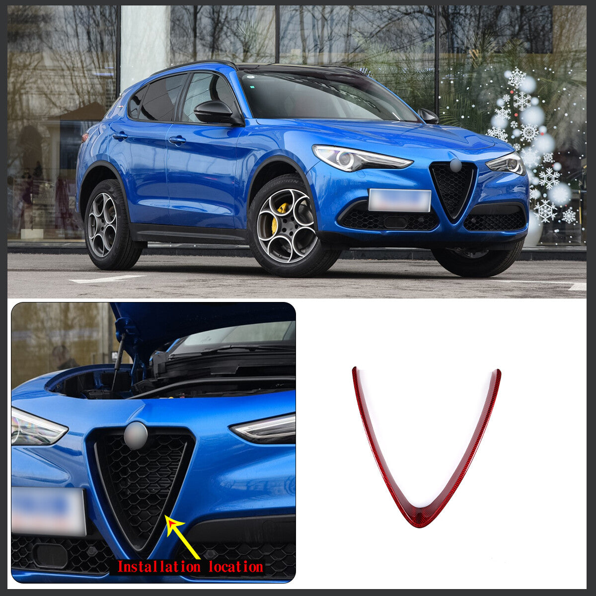 Red Carbon Base Front V Shape Grille Cover Trim For Alfa Romeo Stelvio 17-20 US 4