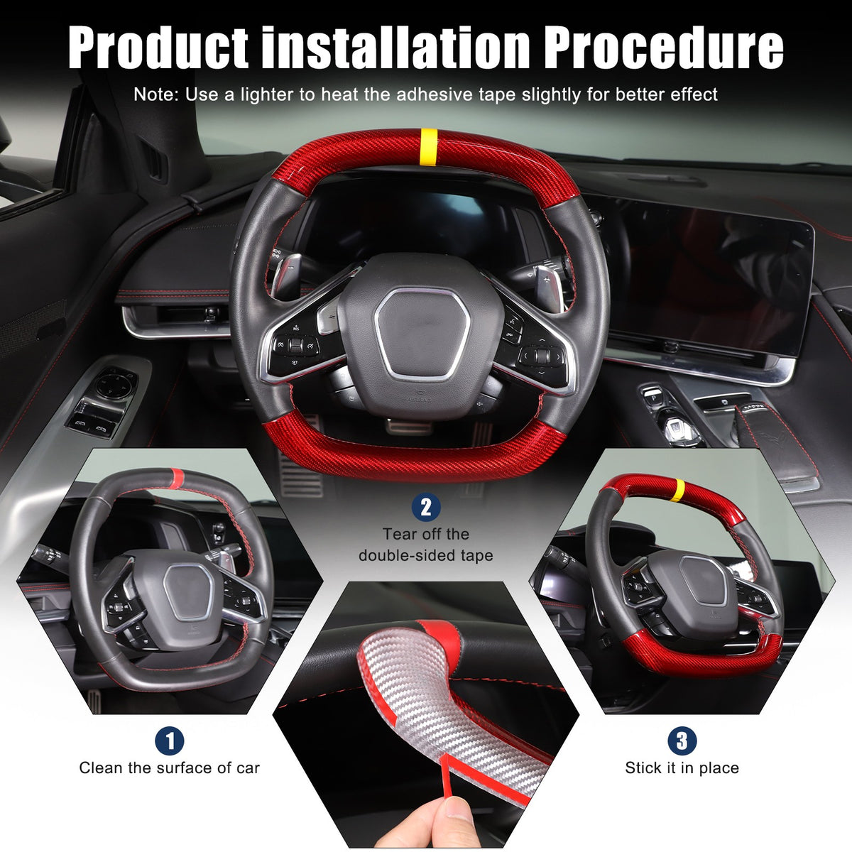 Red Real Carbon Fiber Yellow Top Steering Wheel Cover Trim For Corvette C8 2020+ 21