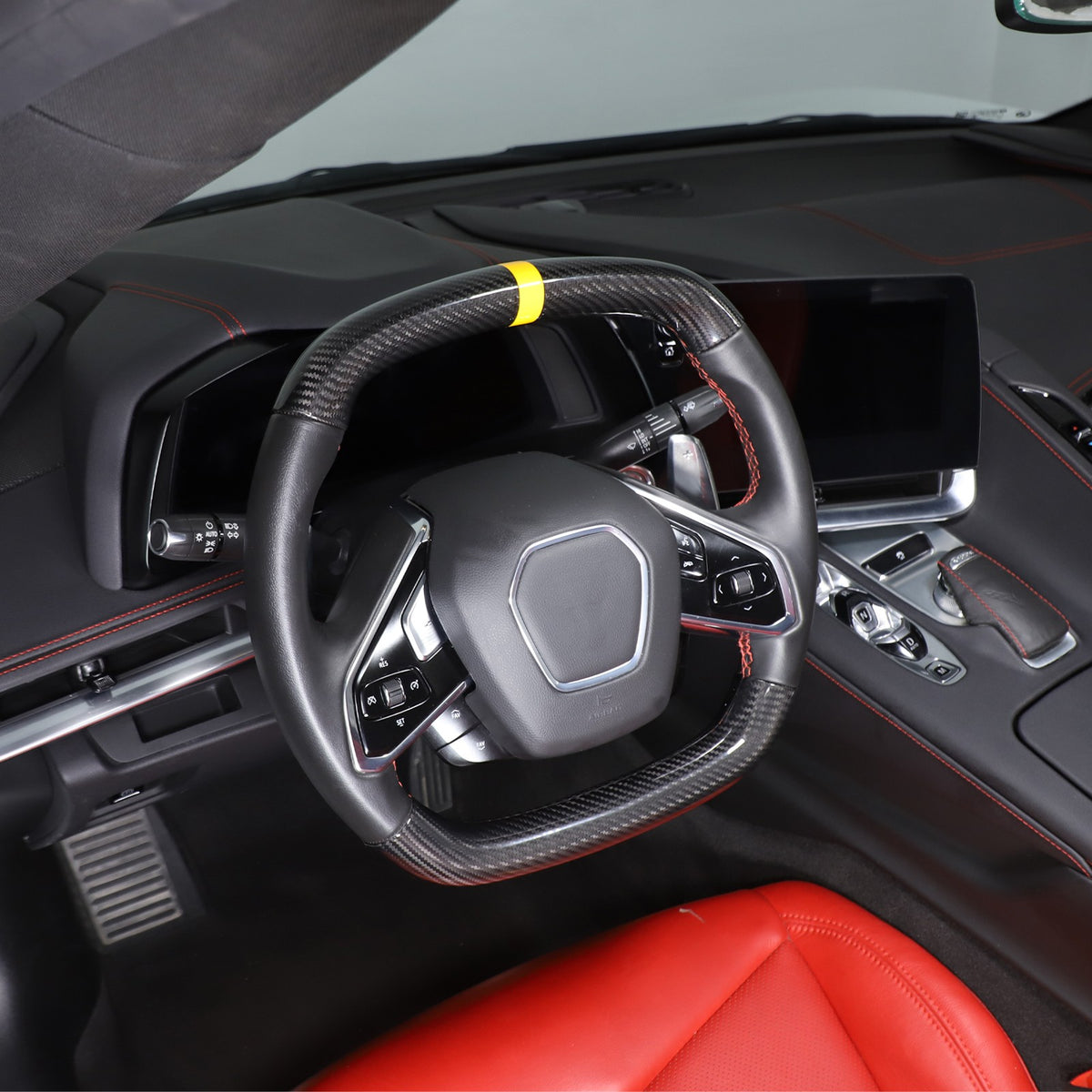Yellow Top Real Carbon Fiber Steering Wheel Cover Trim For Corvette C8 20+ 15