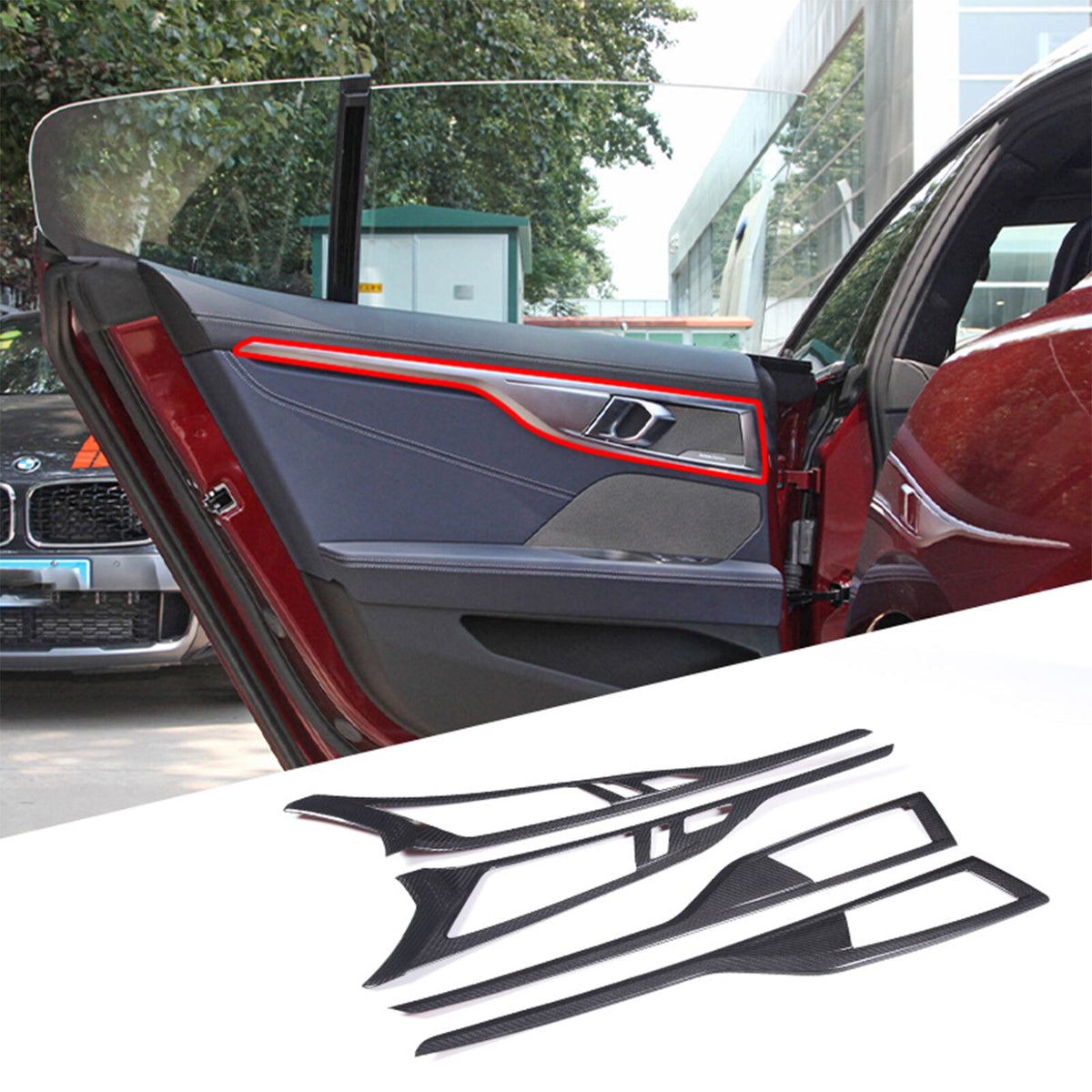 Real Carbon Fiber Door Handle Panel Trim Strip For BMW 8 Series 4-Door 2019-2022 5