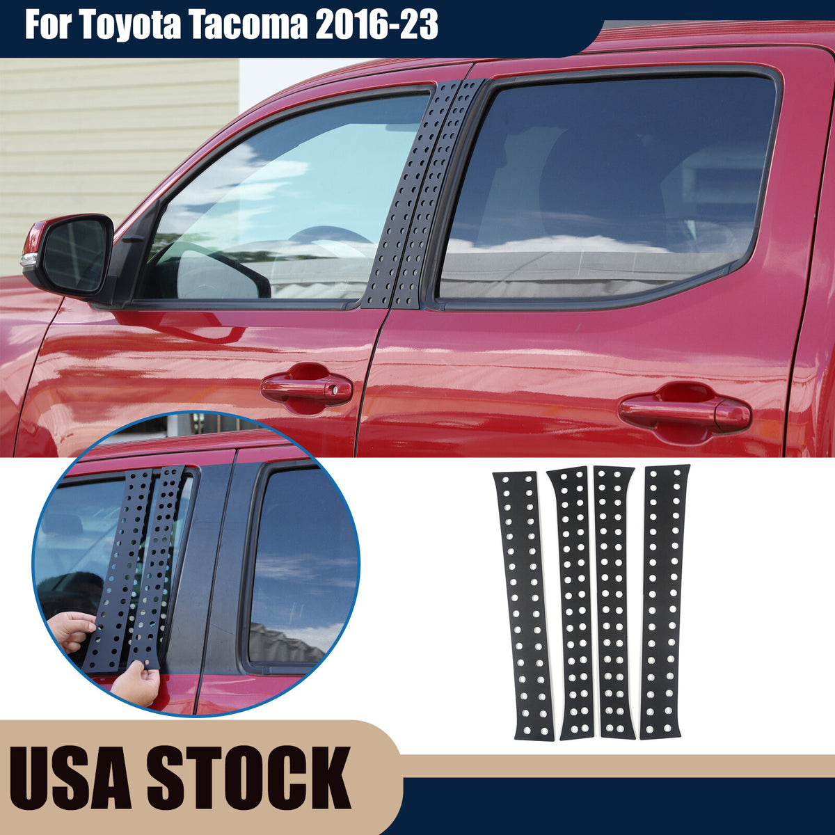Black Aluminum Alloy Window Center Pillar Trim Panel For Toyota Tacoma 16-23 US 1
