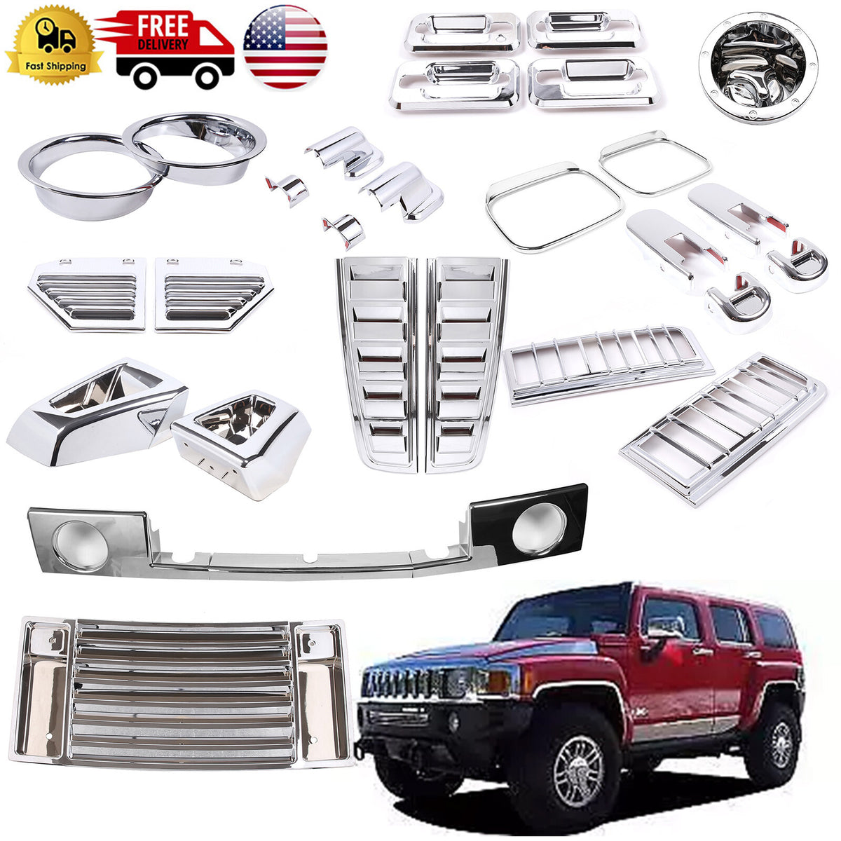 Silver Chrome Cover Trim Door Handle Mirror Hood Vent Set For Hummer H2 2003-09 1