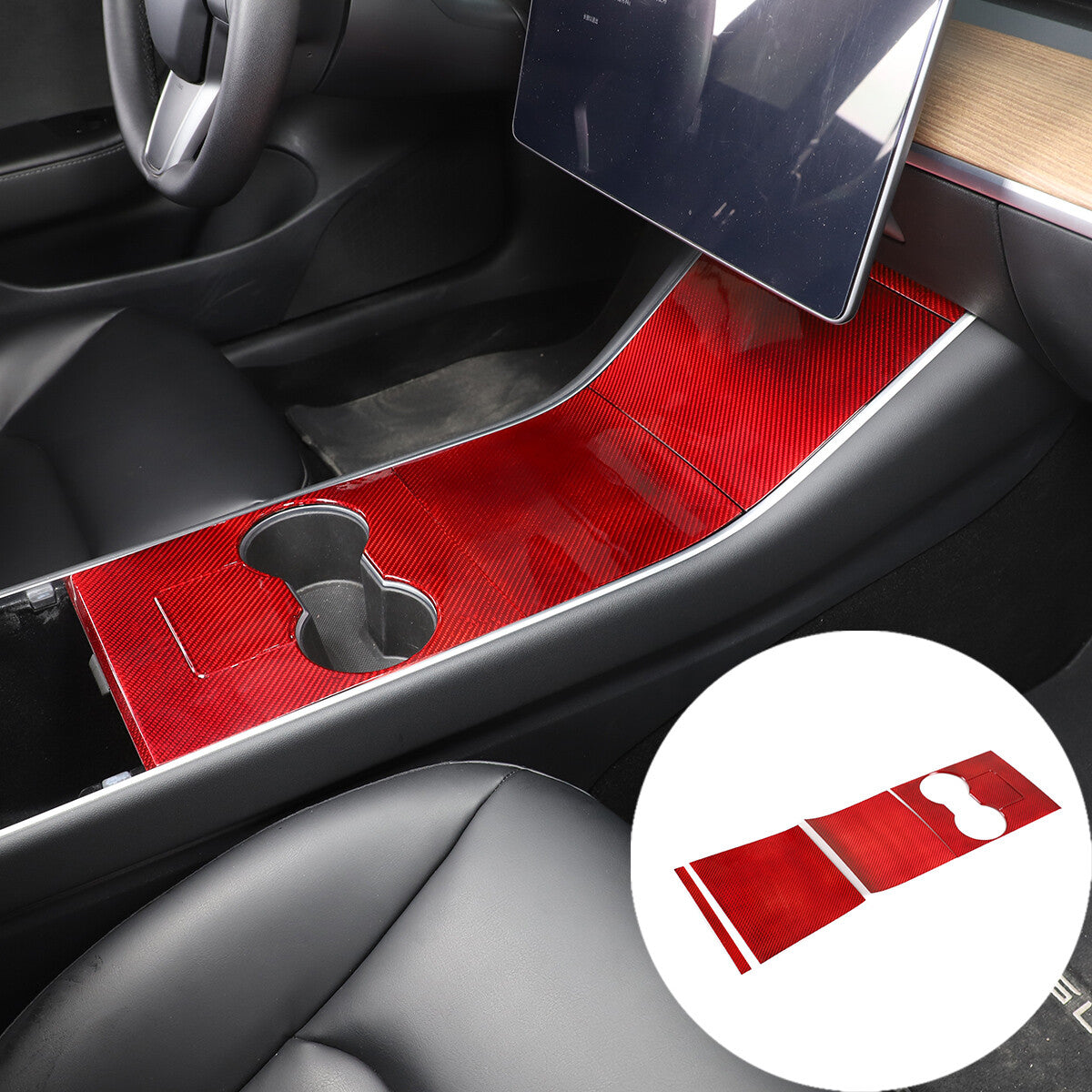 Red Carbon Fiber Central Console Gear Shift Panel Trim For Tesla Model 3 17-21 2