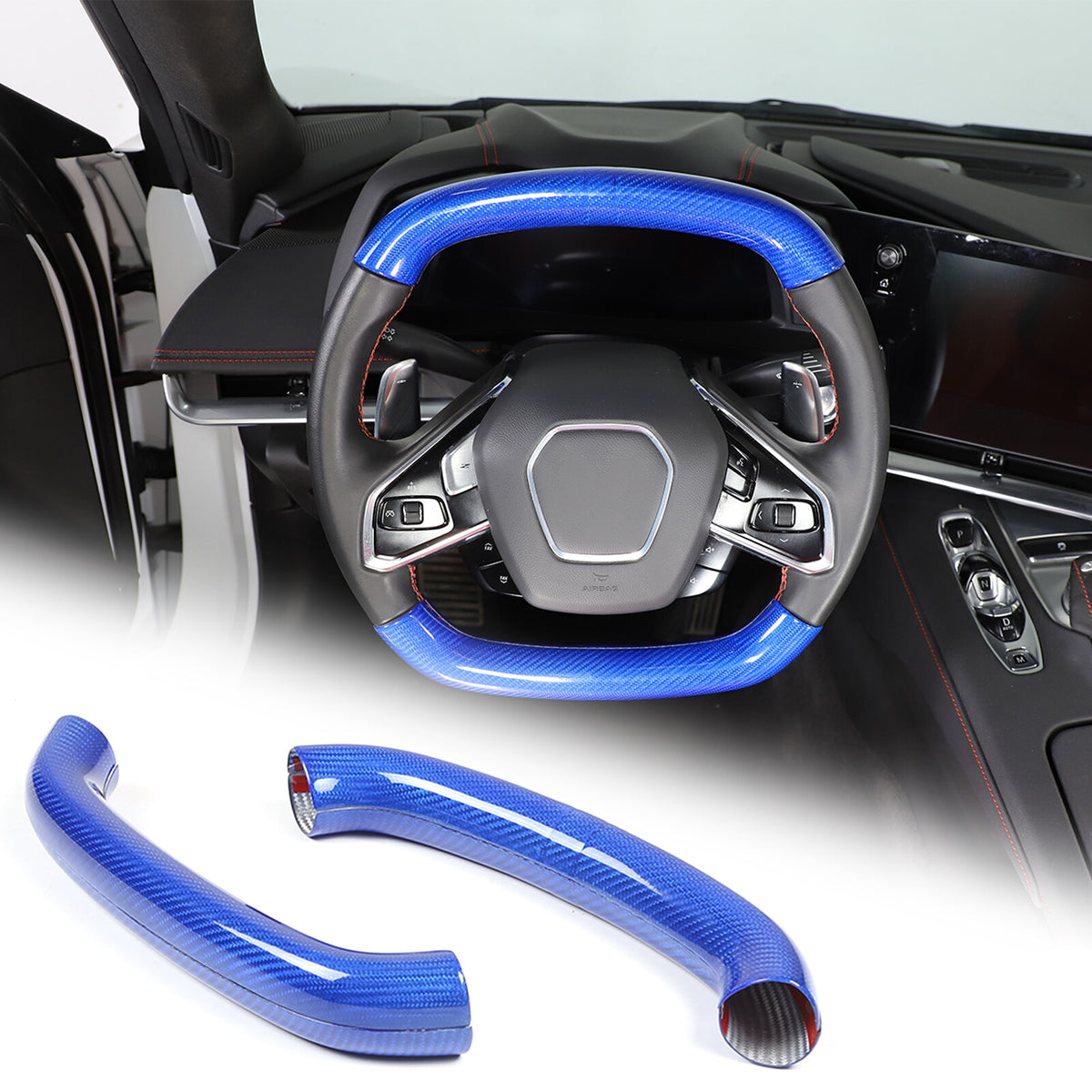 Blue Carbon Fiber Steering Wheel Top Lower Handle Cover Trim For C8 Corvette 2