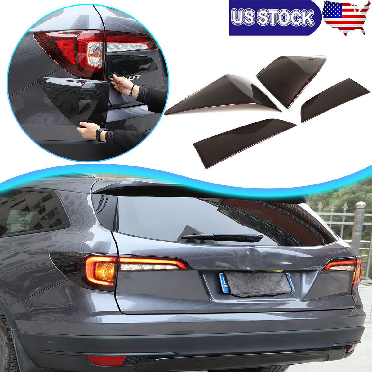 Smoked Black Rear Tail Light Guard Decor Cover Trim Bezel For Honda Pilot 15-22 1