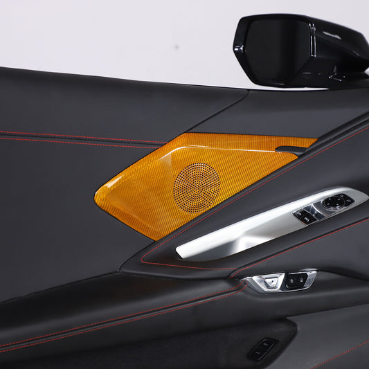 Yellow Real Carbon Fiber Door Sound Speaker Cover Trim For C8 Corvette 1LT 2026 1