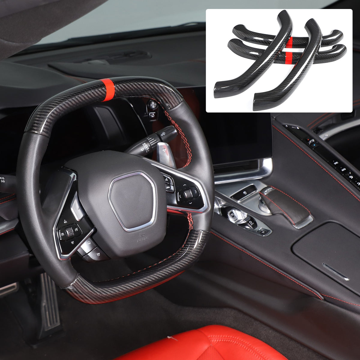 Red Top Real Carbon Fiber Steering Wheel Trim Cover For Corvette C8 2020+ 16