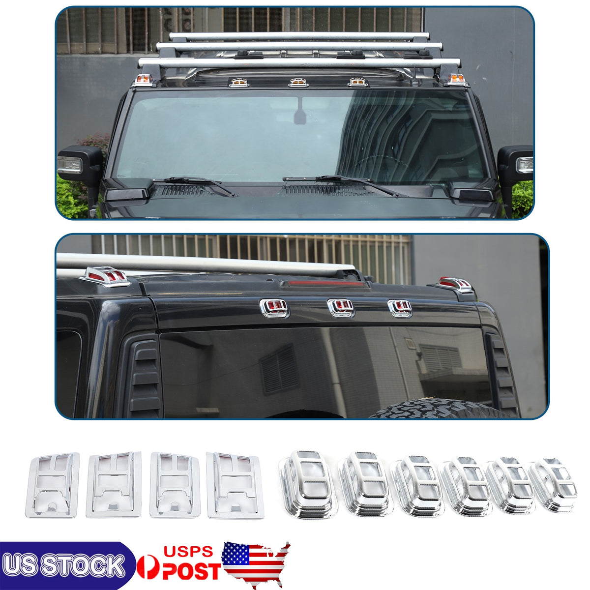 ABS Silver Front & Rear Roof Light Guard Cover Trim Set For Hummer H2 2003-09 US 1