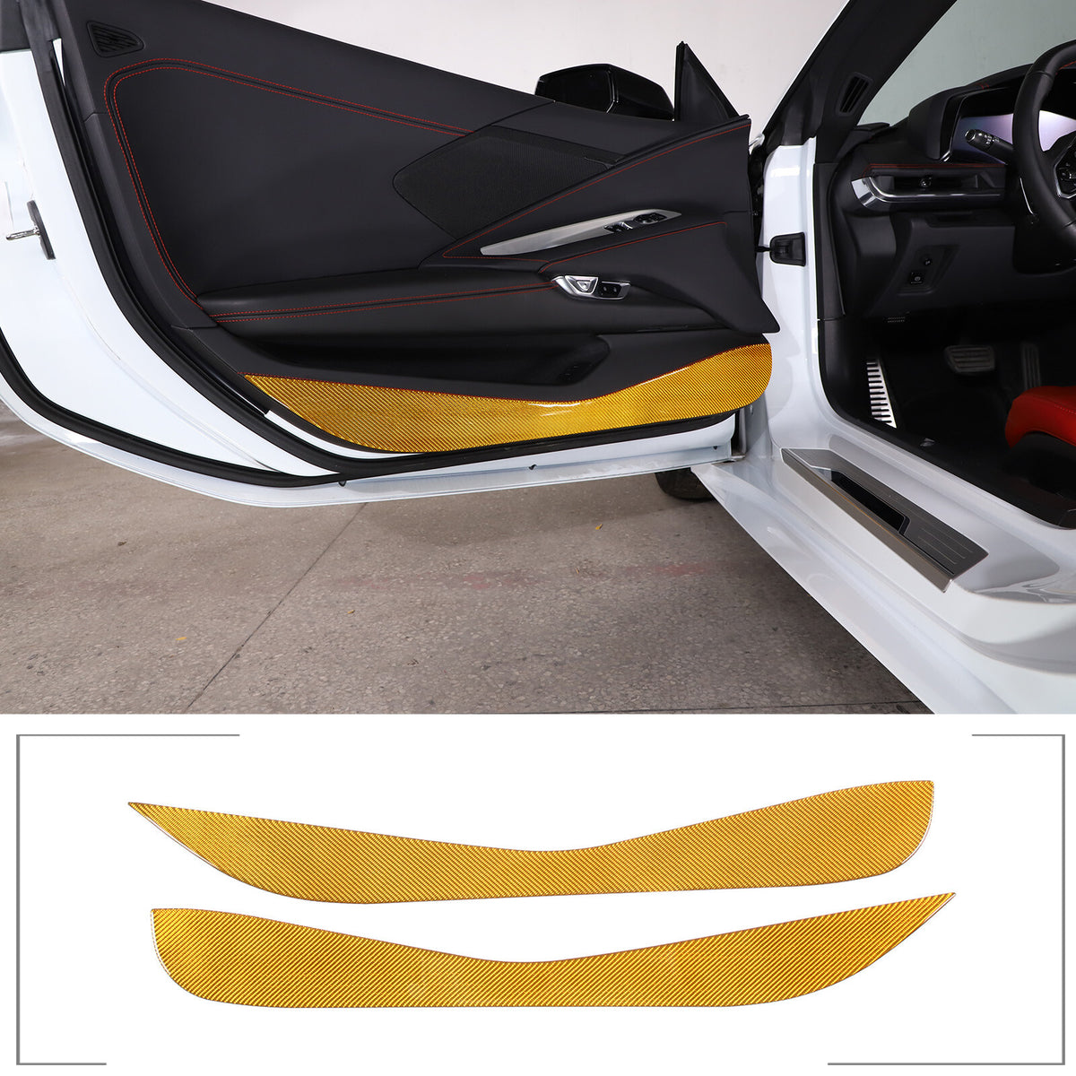 Yellow Carbon Fiber Door Anti-Kick Panel Sticker For Corvette C8 2020-26 2