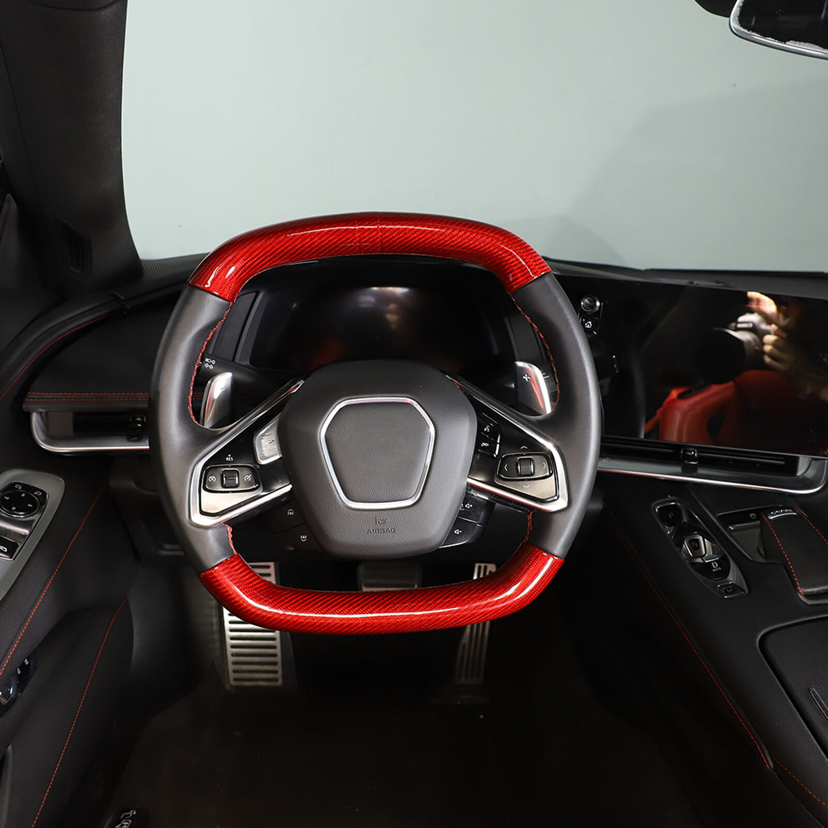 Red Real Carbon Fiber Steering Wheel Top Handle Cover Trim For C8 Corvette 20-26 4