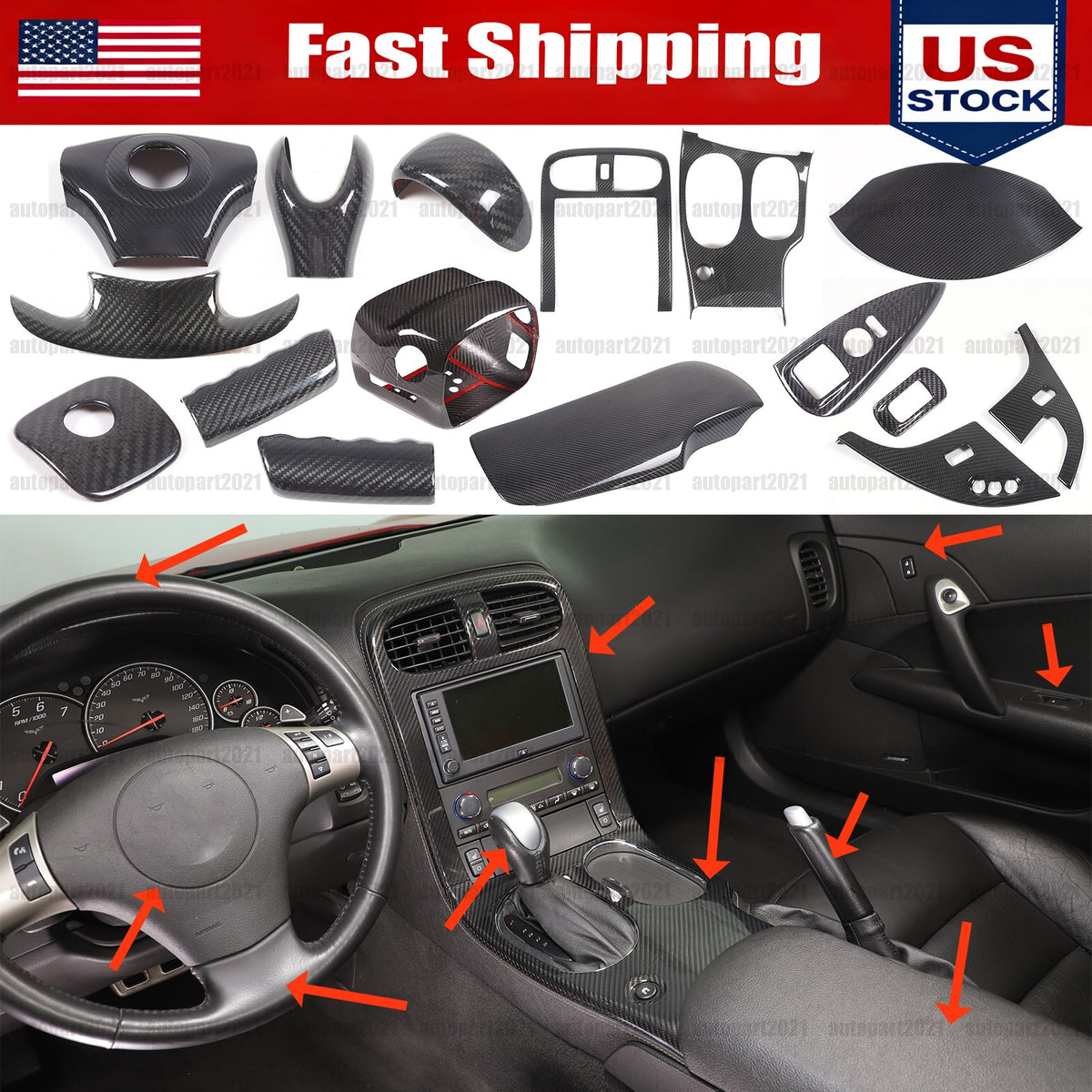 Real Carbon Fiber Interior Center Console Trim Set For Corvette C6 2005-2013 1