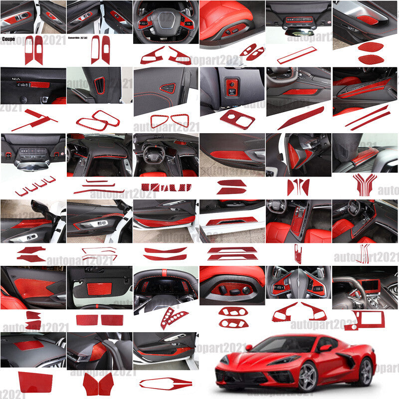 Red Soft Carbon Fiber Interior Decor Trim Kit Cover Set For Corvette C8 20-25 1
