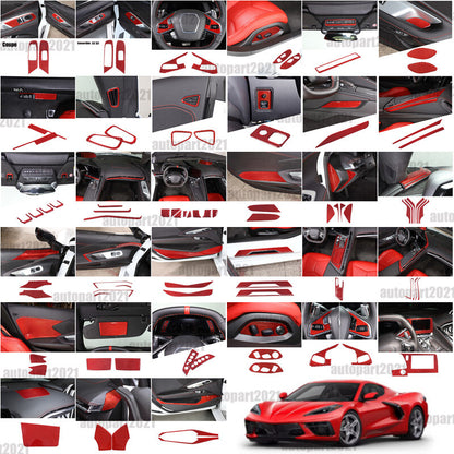 Red Soft Carbon Fiber Interior Decor Trim Kit Cover Set For Corvette C8 20-25 1