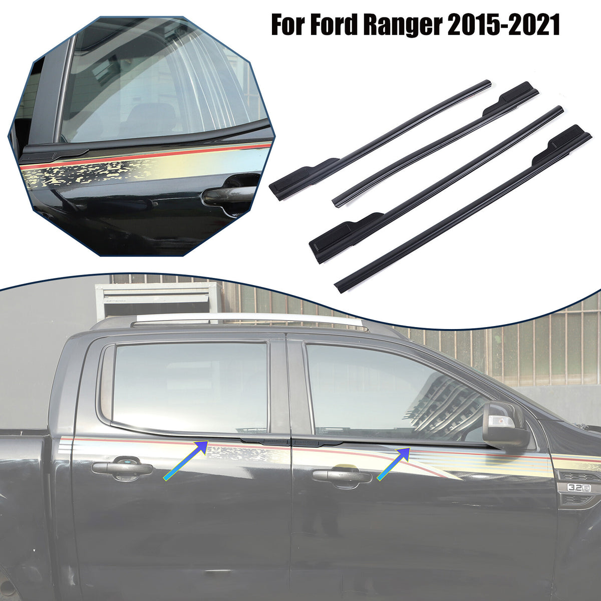 Black Car Window Bottom Strip Cover Trim For Ford Ranger 2015-2021 1