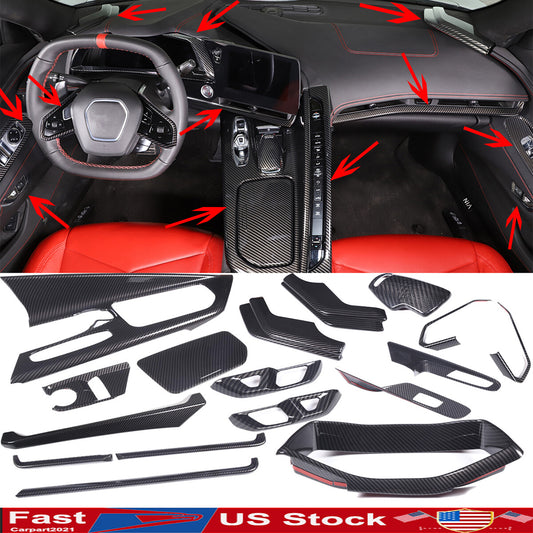 17PCS ABS Carbon fiber Center Console Cover Trim Set Kit For Corvette C8 2020-25 1