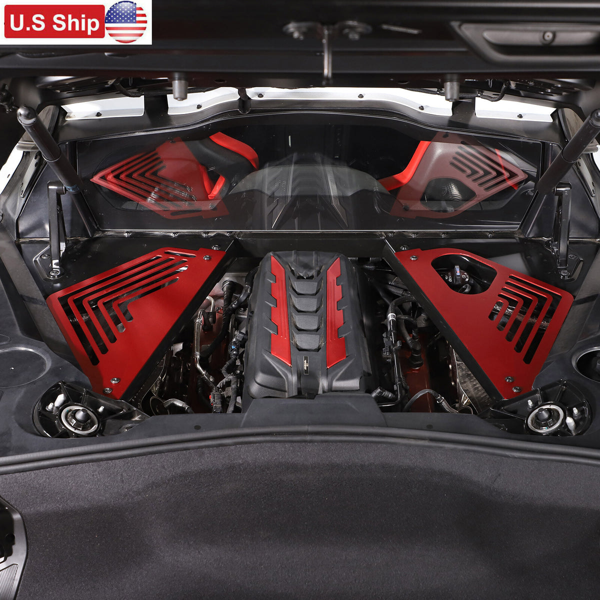 Red Aluminum Engine Cover Bay Panel Trim Cover Kit For Corvette C8 2020-25 US 1