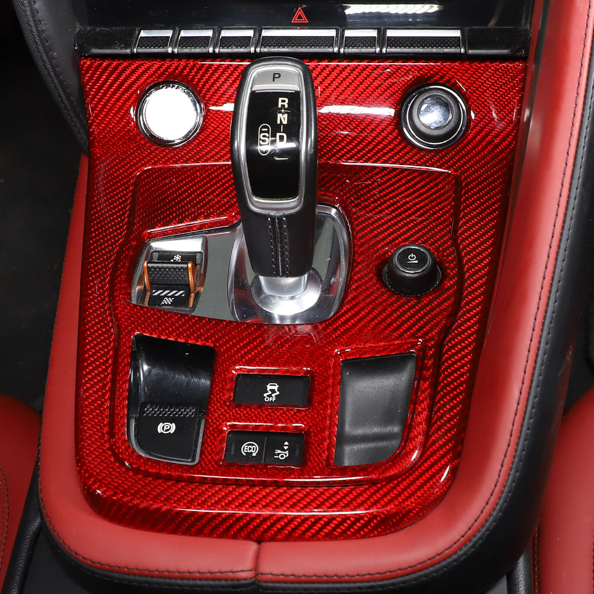 Red Real Carbon Fiber Center Console Gear Cover Set For 2013-22 Jaguar F-TYPE 5