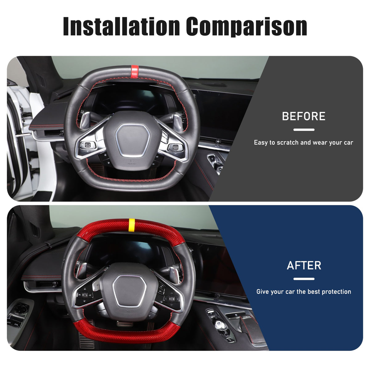 Red Real Carbon Fiber Yellow Top Steering Wheel Cover Trim For Corvette C8 2020+ 18
