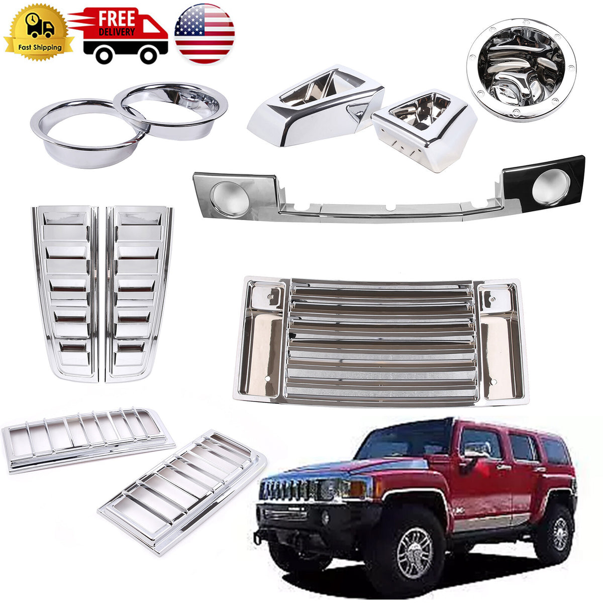 13pcs Chrome Cover Trim Door Handle Mirror Hood Vent Kit For Hummer H2 2003-09 1