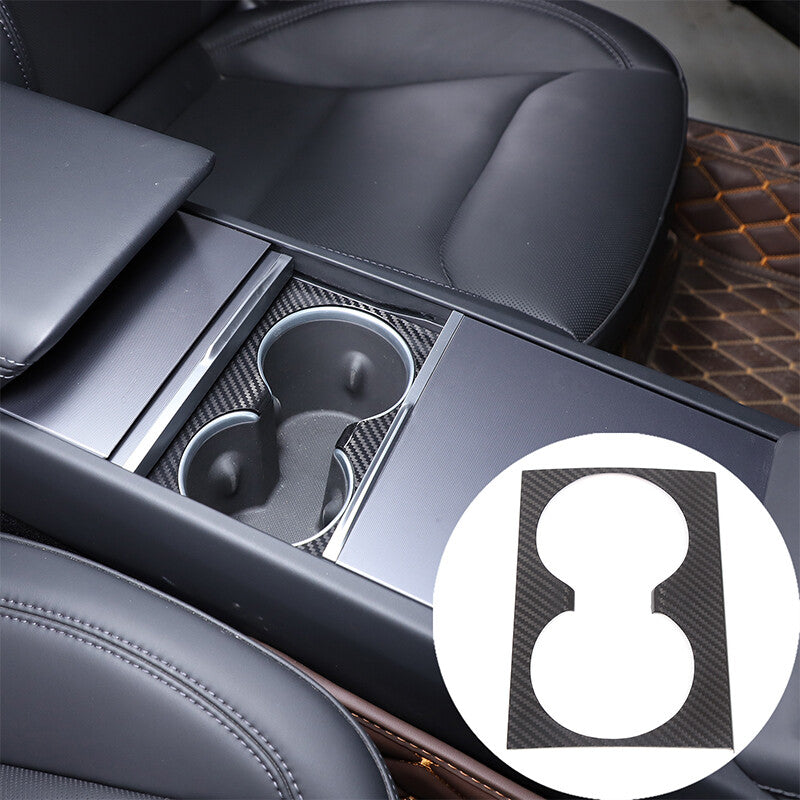 Real Carbon Fiber Center Water Cup Holder Panel Trim Cover For Tesla Model 3 23+ 1