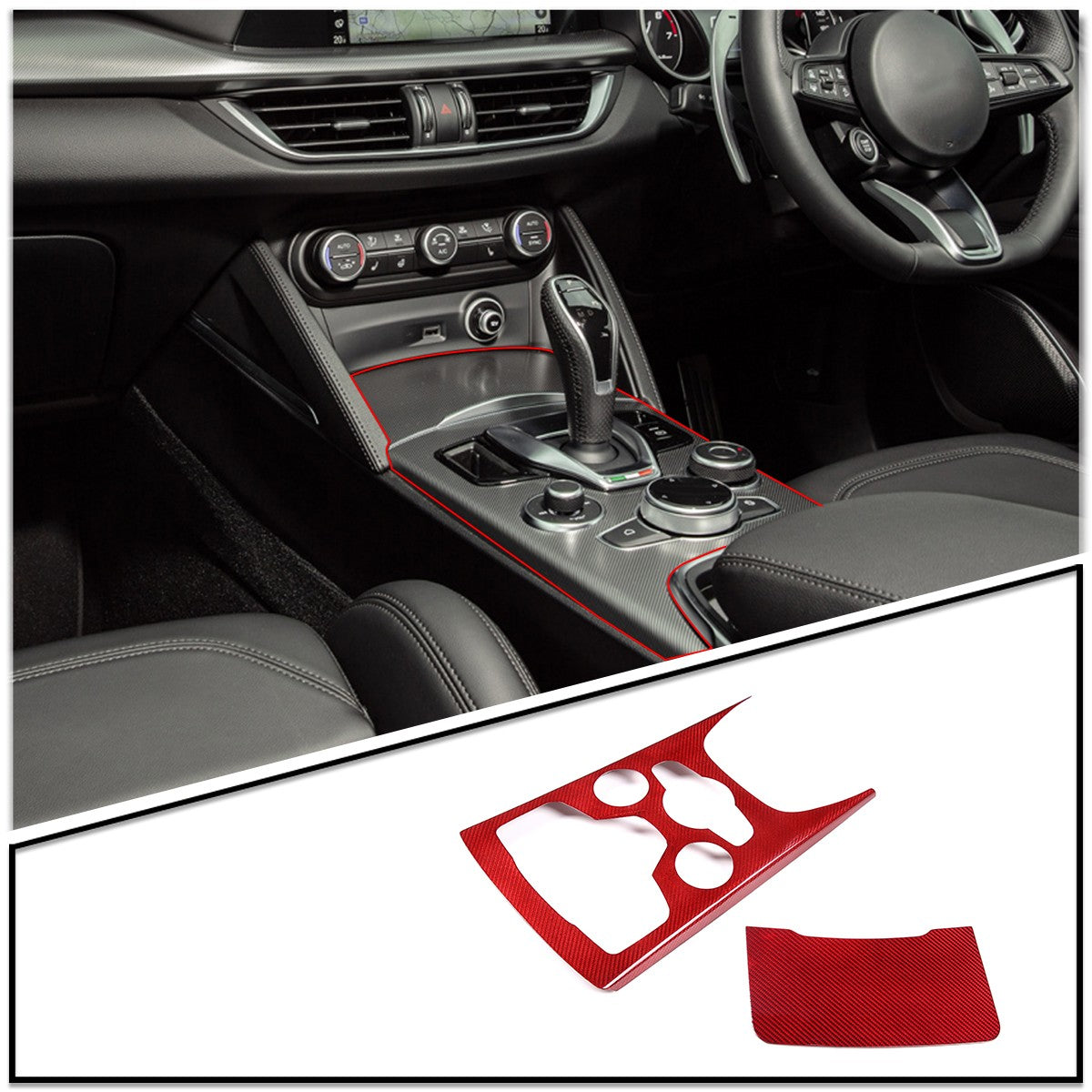 Red Real Carbon Fiber Large Gear Shift Panel Trim For Alfa Romeo Stelvio 2020-23 6