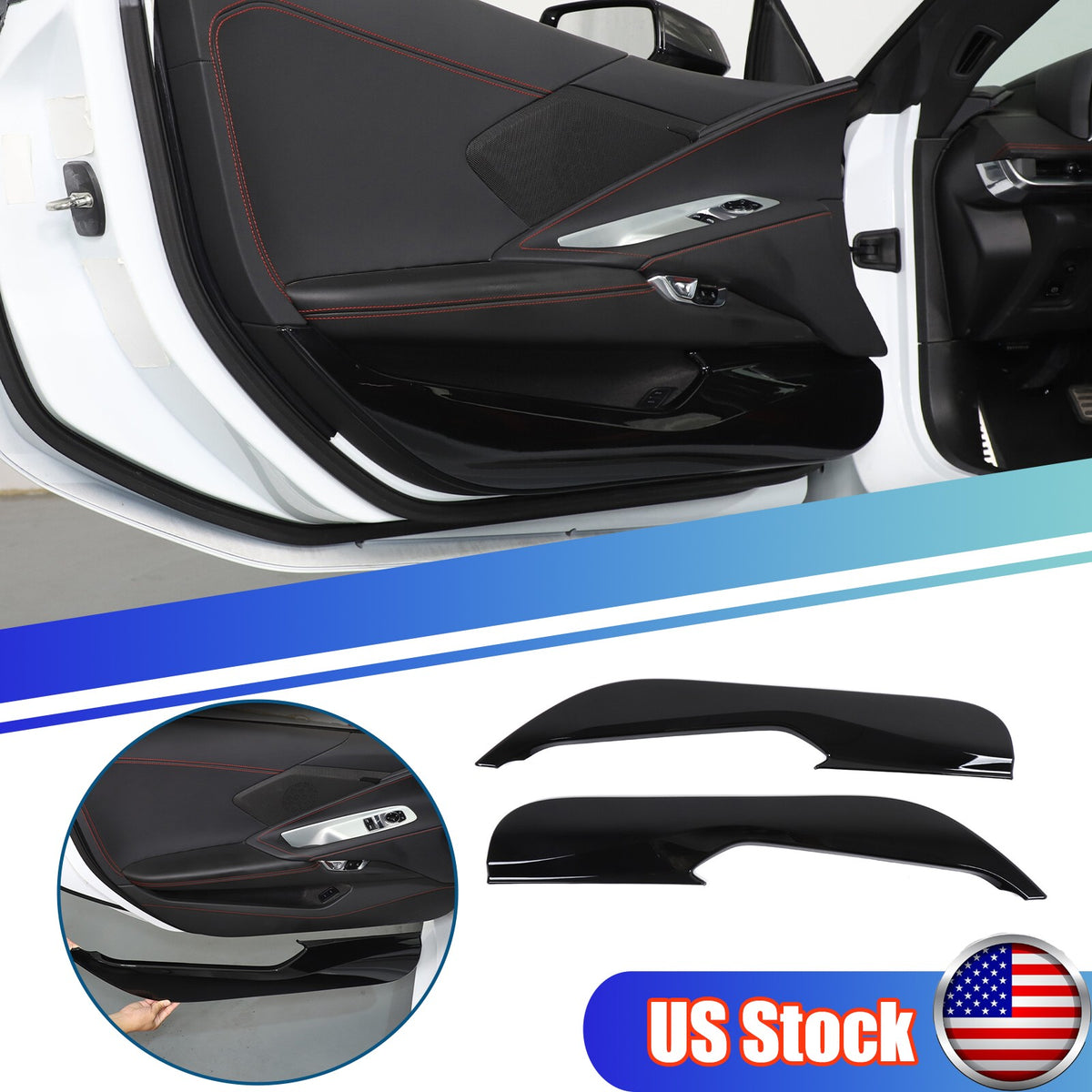 Glossy Piano Black ABS Interior Door Anti-Kick Panel Trim For Corvette C8 20+ US 1
