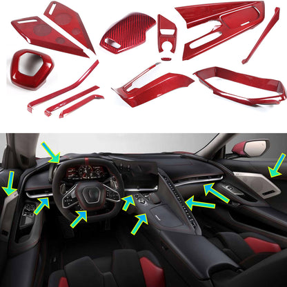 Red Real Carbon fiber Interior Center Cover Trim Kit Set for Corvette C8 20-25 1